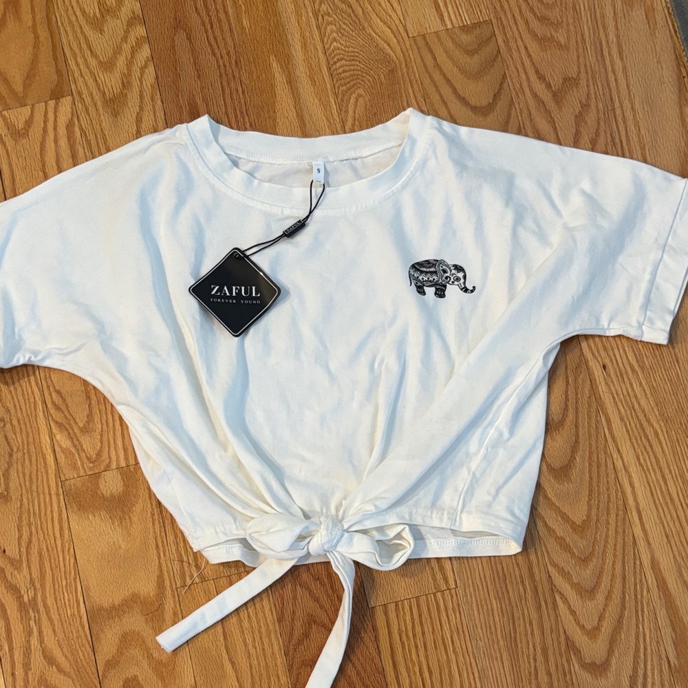 Zaful White Tie-Front crop Tee with Elephant Design nwt
